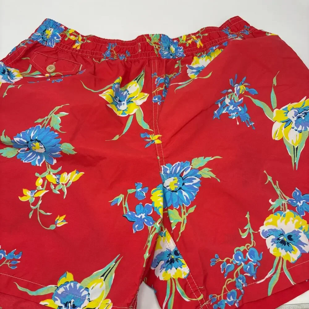 Polo Ralph Lauren Mens Large Red Floral Pattern Stretch Waist Swim Trunks